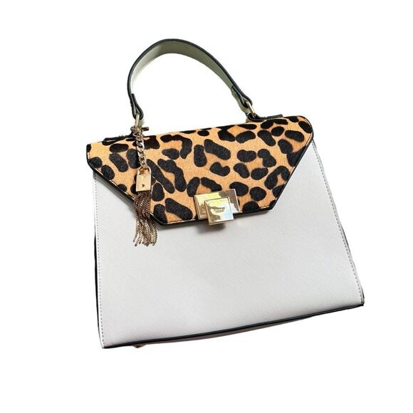 Dune London White Saffiano Leather Leopard Print Calf Hair Fur Trimmed Hand Bag - Picture 5 of 15